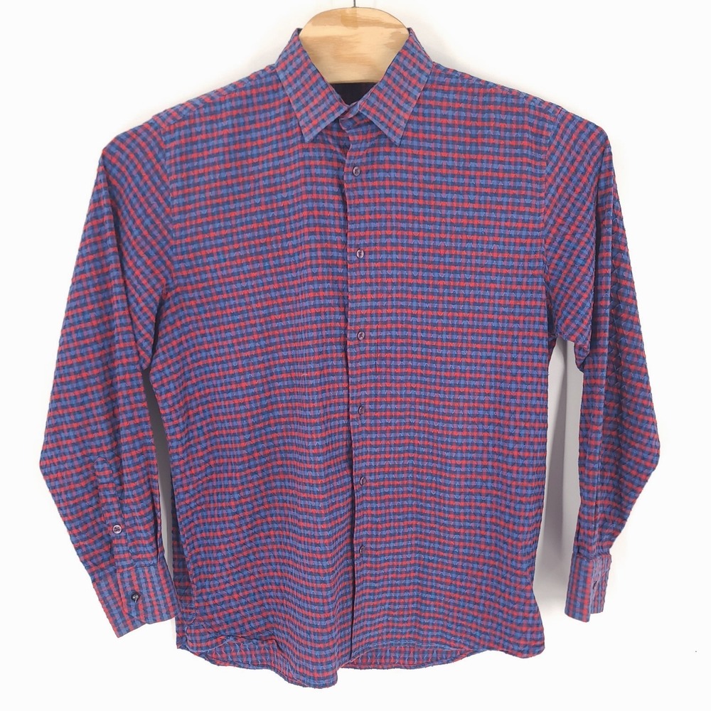 Luchiano Visconti Shirt Mens Large Blue Red Plaid Diagonal Twill Textured Cotton